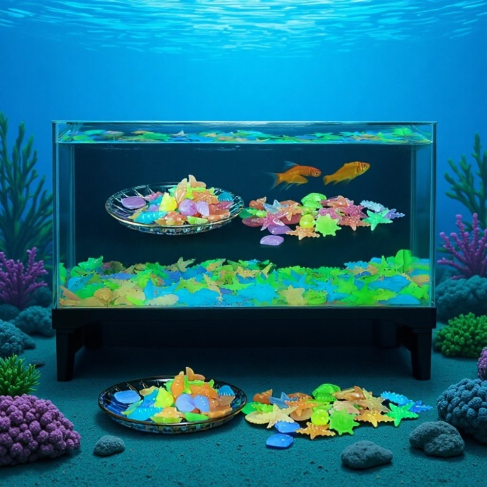 Aquarium Plant Design - 光る発光海洋石、蛍光貝殻、カラフルなヒトデ、水槽の景観装飾用、暗闇で光る