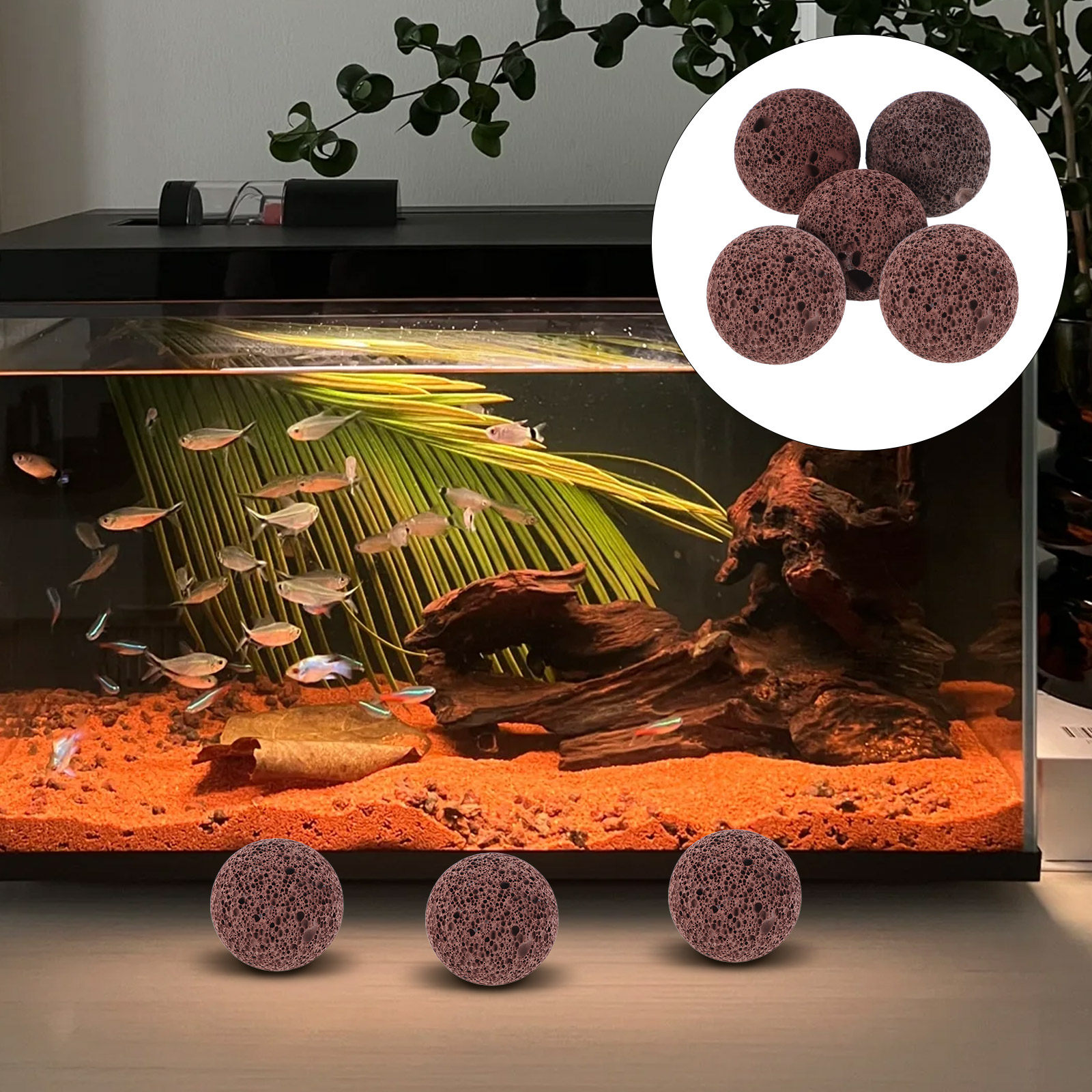 Aquarium Planted Tank Soil - 5個入り多孔質火山岩溶岩石、水槽の水ろ過、魚タンクの装飾、テラリウムの岩石、植物の土壌排水用